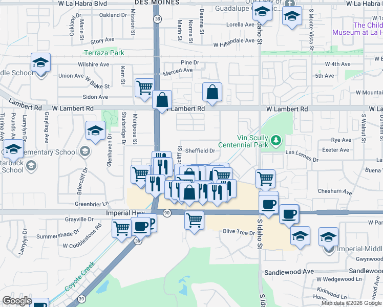 map of restaurants, bars, coffee shops, grocery stores, and more near 1640 Sheffield Drive in La Habra