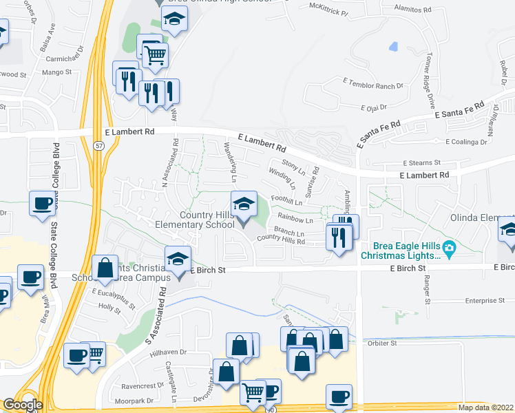 map of restaurants, bars, coffee shops, grocery stores, and more near 150 North Associated Road in Brea