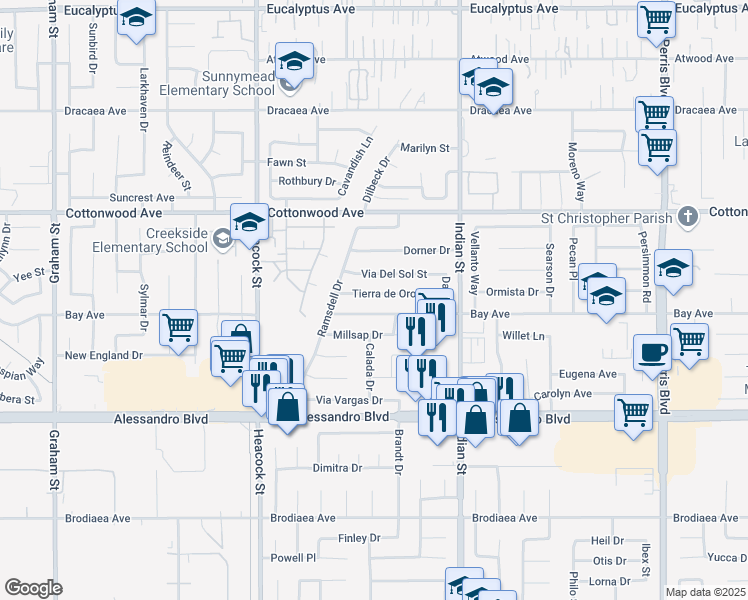 map of restaurants, bars, coffee shops, grocery stores, and more near 24333 Tierra de Oro Street in Moreno Valley