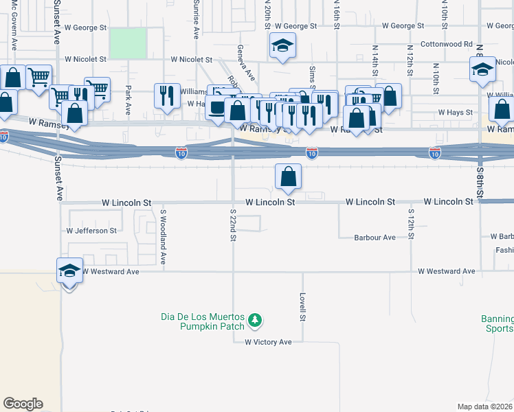 map of restaurants, bars, coffee shops, grocery stores, and more near 2062 West Lincoln Street in Banning