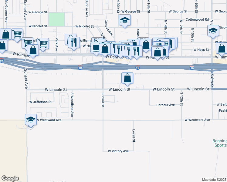 map of restaurants, bars, coffee shops, grocery stores, and more near 2062 West Lincoln Street in Banning