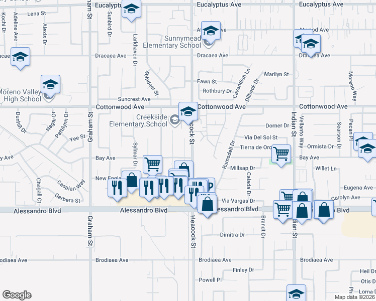 map of restaurants, bars, coffee shops, grocery stores, and more near 13724 Sunray Court in Moreno Valley