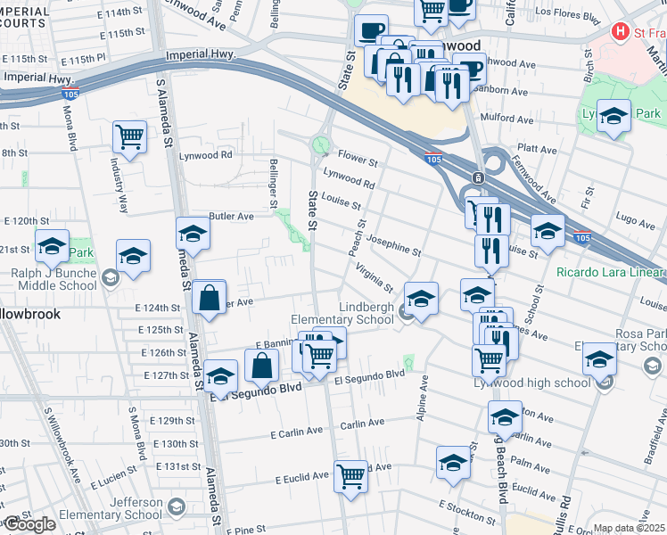 map of restaurants, bars, coffee shops, grocery stores, and more near 3125 Cedar Avenue in Lynwood