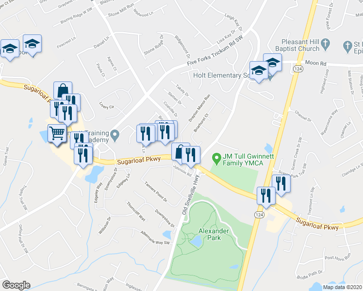 map of restaurants, bars, coffee shops, grocery stores, and more near 3577 Drayton Manor Run in Lawrenceville