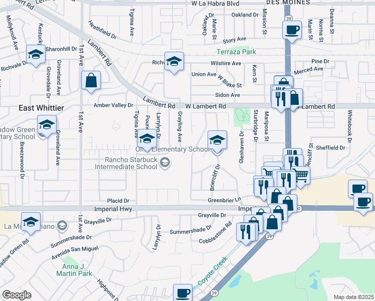 map of restaurants, bars, coffee shops, grocery stores, and more near 921 Ridgehaven Drive in La Habra