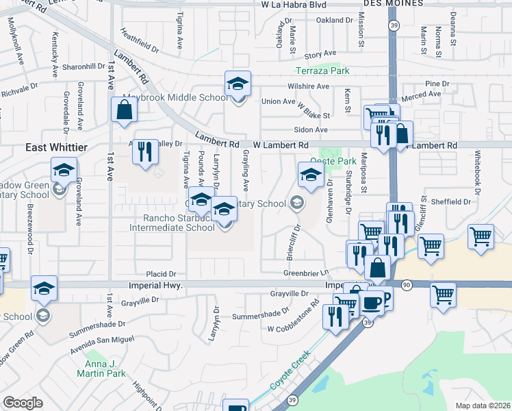 map of restaurants, bars, coffee shops, grocery stores, and more near 921 Ridgehaven Drive in La Habra