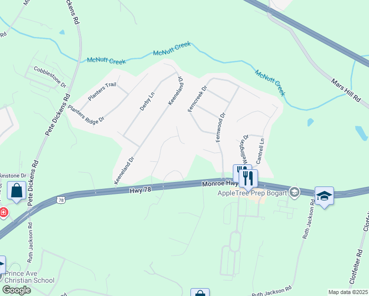 map of restaurants, bars, coffee shops, grocery stores, and more near 1072 Canter Bend in Watkinsville