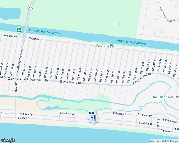 map of restaurants, bars, coffee shops, grocery stores, and more near 117 Northeast 13th Street in Oak Island