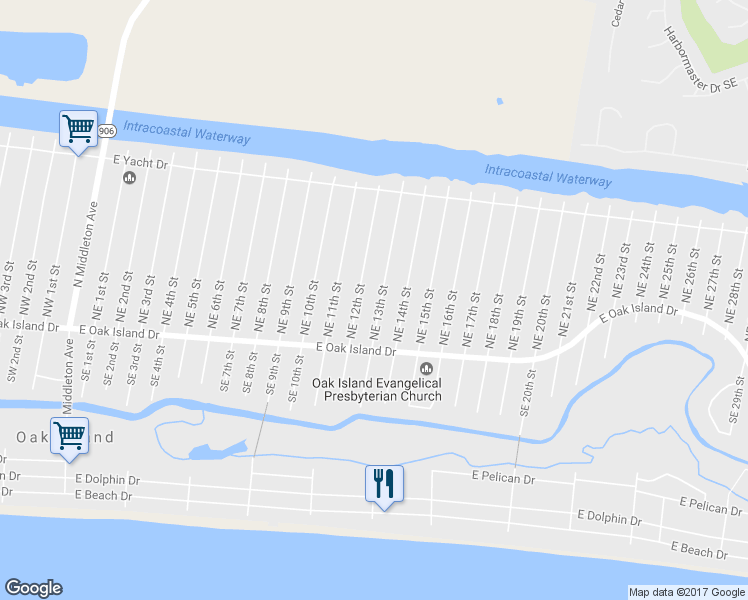 map of restaurants, bars, coffee shops, grocery stores, and more near 117 Northeast 13th Street in Oak Island