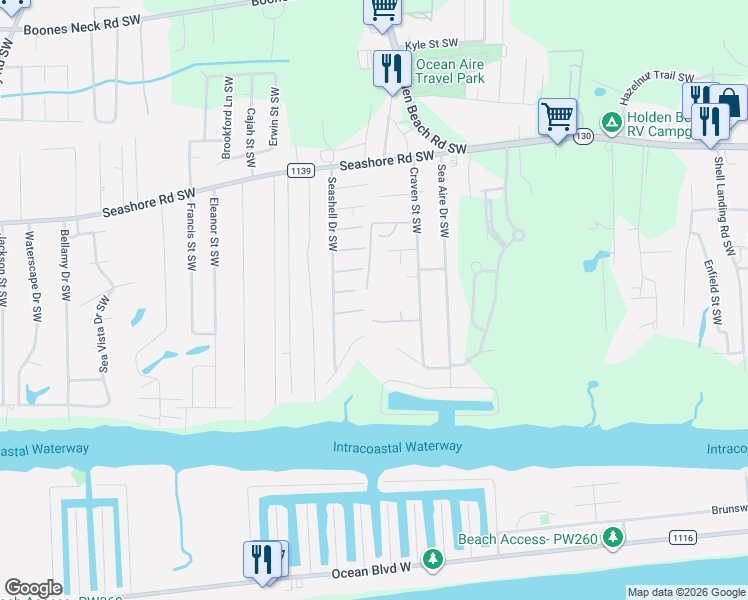 map of restaurants, bars, coffee shops, grocery stores, and more near 2845 Carstens Way SW in Brunswick