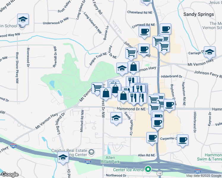 map of restaurants, bars, coffee shops, grocery stores, and more near 6018 Sandy Springs Circle in Sandy Springs