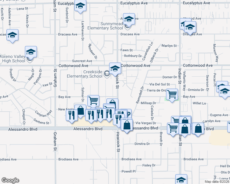 map of restaurants, bars, coffee shops, grocery stores, and more near 13724 Sunray Court in Moreno Valley