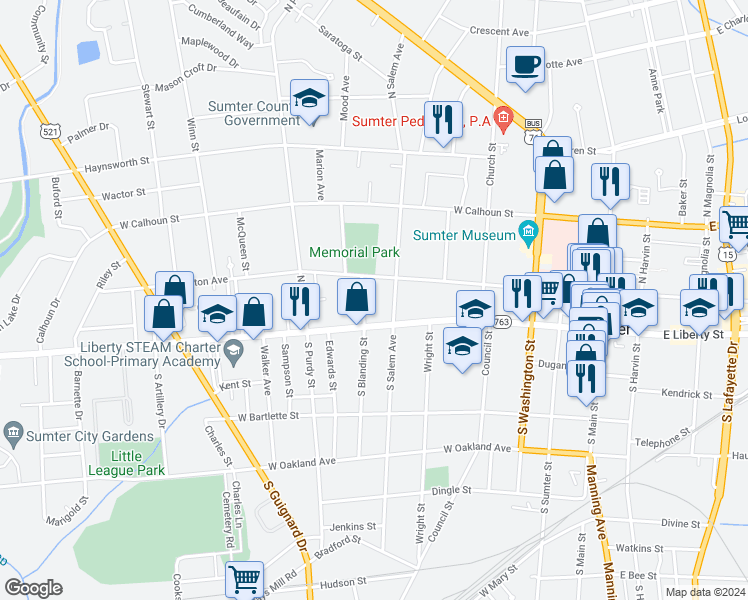 map of restaurants, bars, coffee shops, grocery stores, and more near 11 North Blanding Street in Sumter
