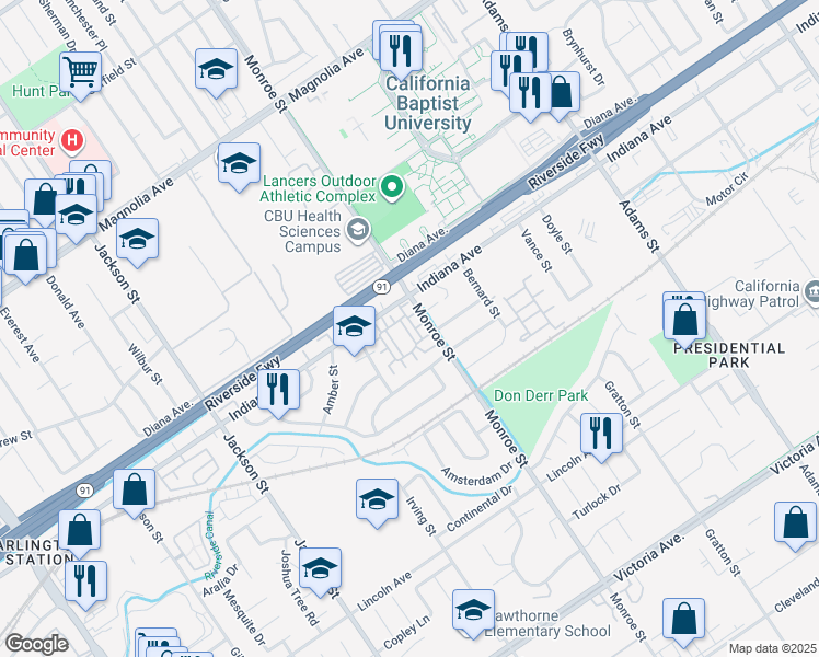 map of restaurants, bars, coffee shops, grocery stores, and more near 3345 Hatten Lane in Riverside