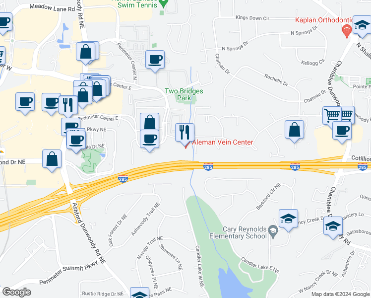 map of restaurants, bars, coffee shops, grocery stores, and more near 1455 Lincoln Parkway East in Dunwoody