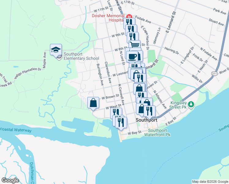 map of restaurants, bars, coffee shops, grocery stores, and more near 408 Clarendon Avenue in Southport