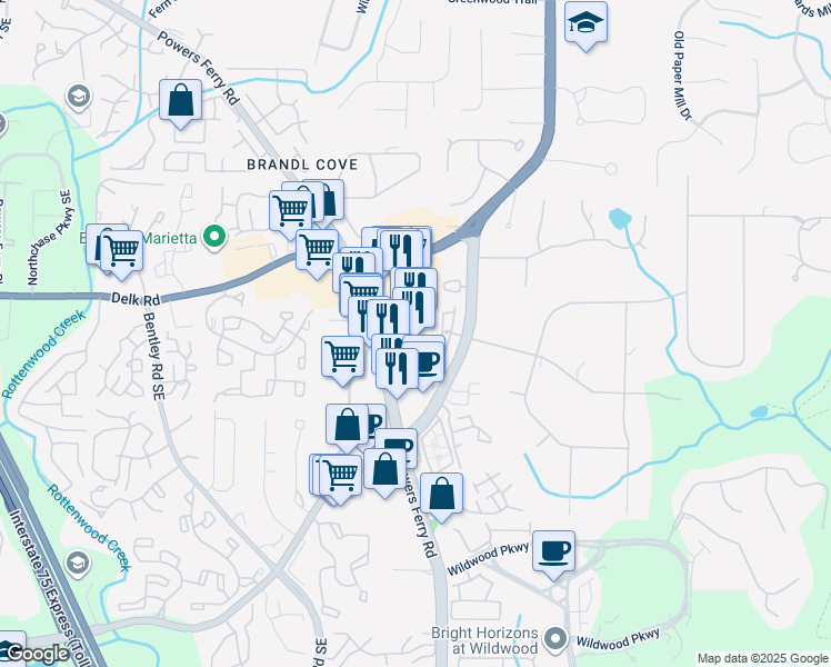 map of restaurants, bars, coffee shops, grocery stores, and more near 1253 Powers Ferry Road in Marietta