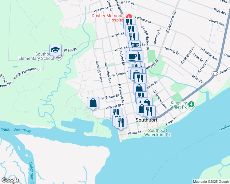 map of restaurants, bars, coffee shops, grocery stores, and more near 319 Clarendon Avenue in Southport