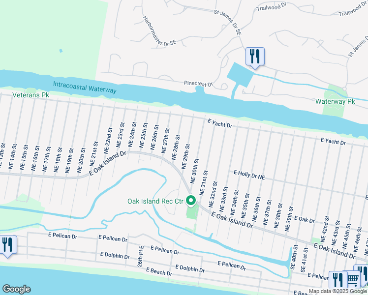 map of restaurants, bars, coffee shops, grocery stores, and more near 115 Northeast 29th Street in Oak Island
