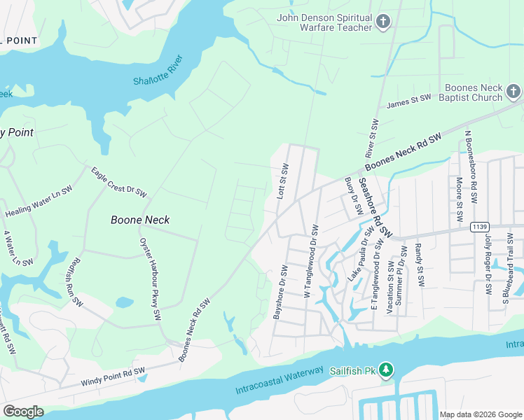 map of restaurants, bars, coffee shops, grocery stores, and more near 3199 Hollering Point Road Southwest in Brunswick County