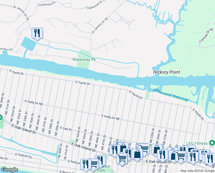 map of restaurants, bars, coffee shops, grocery stores, and more near 339 NE 46th St in Oak Island