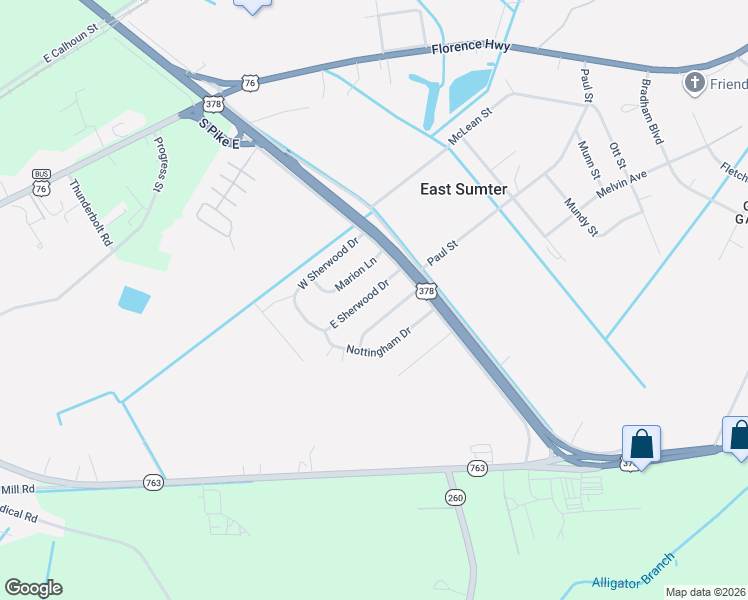 map of restaurants, bars, coffee shops, grocery stores, and more near 1045 Robin Hood Avenue in Sumter