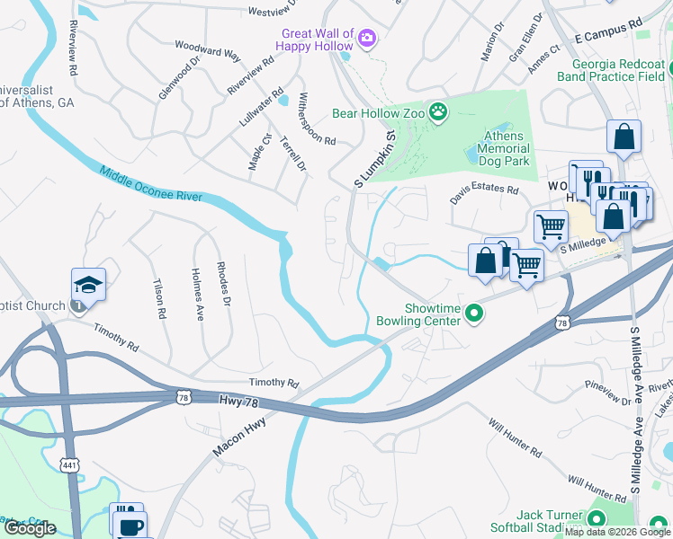 map of restaurants, bars, coffee shops, grocery stores, and more near 221 Hamilton Road in Athens