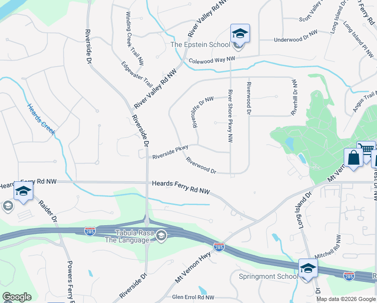 map of restaurants, bars, coffee shops, grocery stores, and more near 500 Riverside Parkway in Atlanta