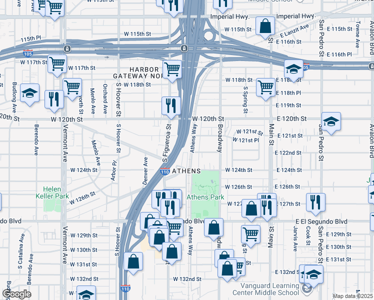 map of restaurants, bars, coffee shops, grocery stores, and more near 411 West 122nd Street in Los Angeles