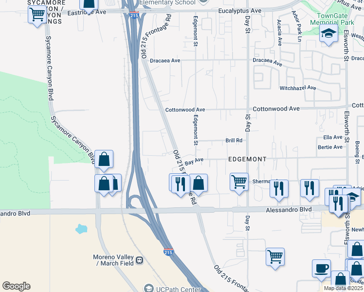 map of restaurants, bars, coffee shops, grocery stores, and more near 13712 Old 215 Frontage Road in Moreno Valley