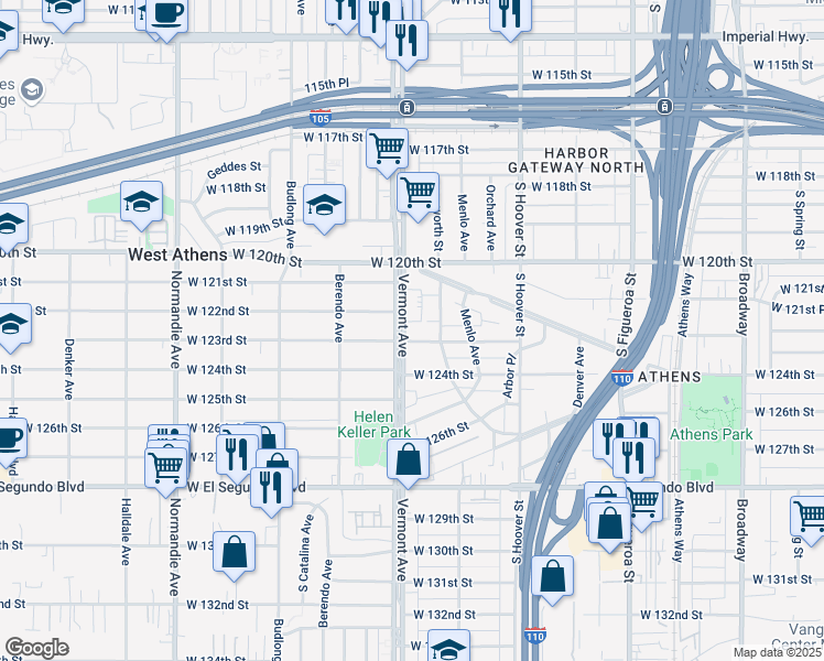 map of restaurants, bars, coffee shops, grocery stores, and more near 12300 Vermont Avenue in Los Angeles