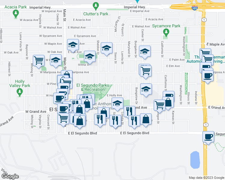 map of restaurants, bars, coffee shops, grocery stores, and more near 707 East Holly Avenue in El Segundo