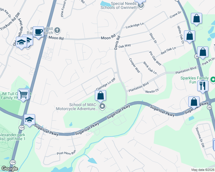 map of restaurants, bars, coffee shops, grocery stores, and more near 475 Clairidge Lane Southwest in Lawrenceville