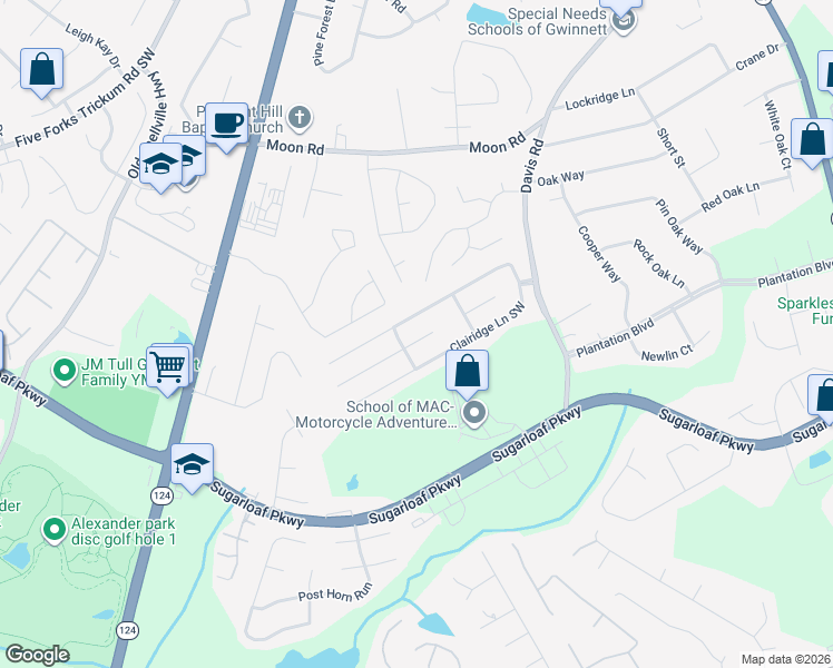 map of restaurants, bars, coffee shops, grocery stores, and more near 148 Clairidge Elm Trail Southwest in Lawrenceville