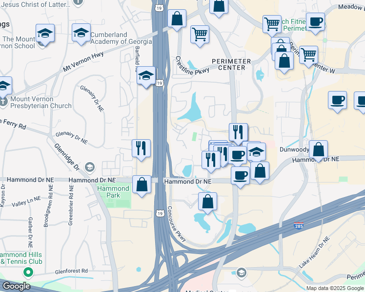 map of restaurants, bars, coffee shops, grocery stores, and more near 46 Dunwoody Springs Drive in Sandy Springs