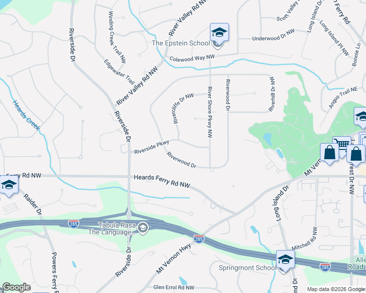 map of restaurants, bars, coffee shops, grocery stores, and more near 6025 Riverwood Drive Northwest in Atlanta