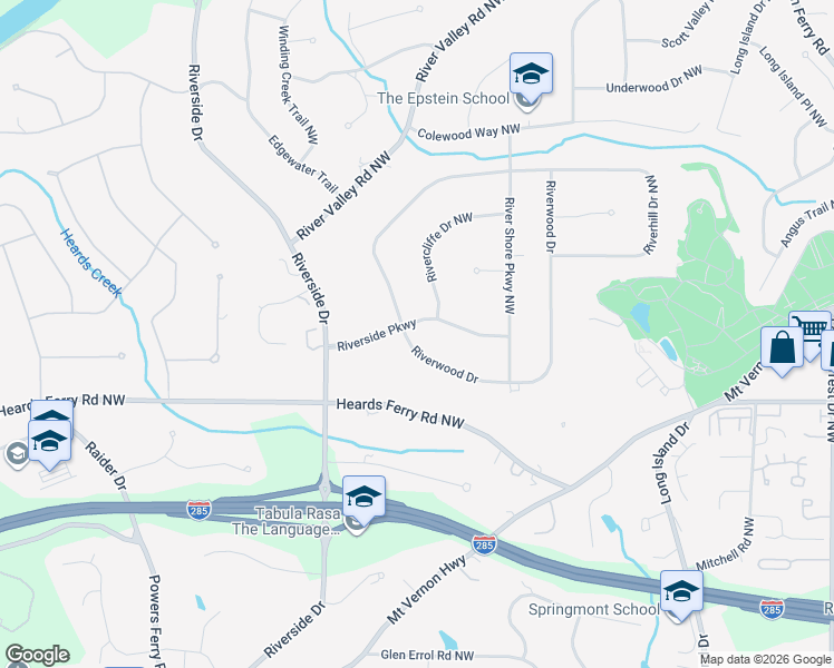 map of restaurants, bars, coffee shops, grocery stores, and more near 500 Riverside Parkway in Atlanta