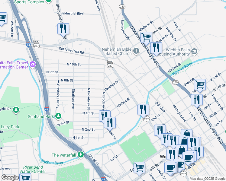 map of restaurants, bars, coffee shops, grocery stores, and more near 900-998 Lincoln St in Wichita Falls