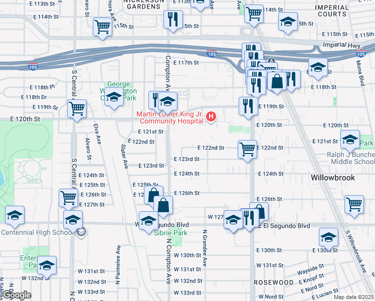 map of restaurants, bars, coffee shops, grocery stores, and more near 1644 East 122nd Street in Los Angeles