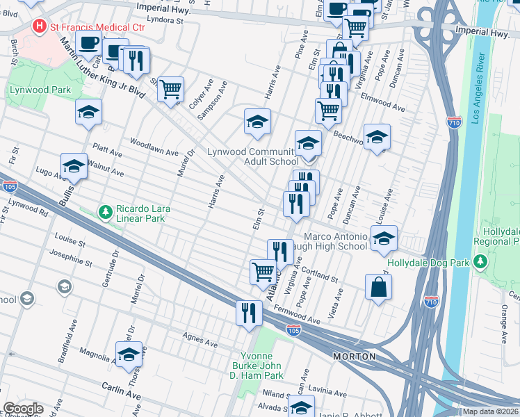 map of restaurants, bars, coffee shops, grocery stores, and more near 4296 Platt Avenue in Lynwood