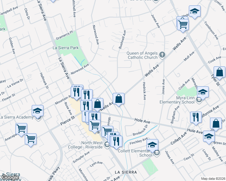 map of restaurants, bars, coffee shops, grocery stores, and more near Mitchell Avenue in Riverside