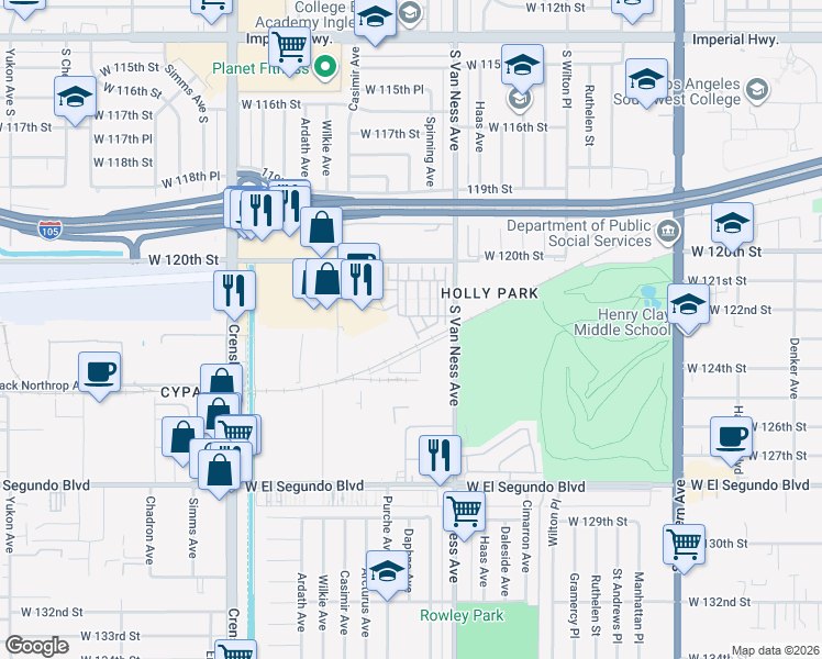 map of restaurants, bars, coffee shops, grocery stores, and more near 12043 Stanley Park Court in Hawthorne