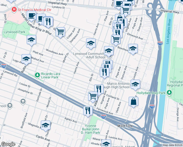 map of restaurants, bars, coffee shops, grocery stores, and more near 4296 Platt Avenue in Lynwood