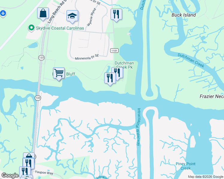 map of restaurants, bars, coffee shops, grocery stores, and more near 4907 Fish Factory Road in Southport