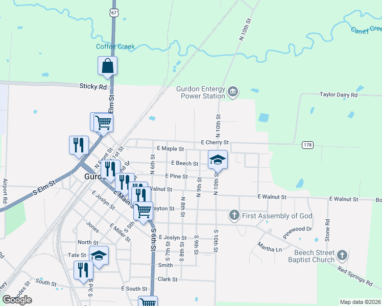 map of restaurants, bars, coffee shops, grocery stores, and more near 713 East Beech Street in Gurdon