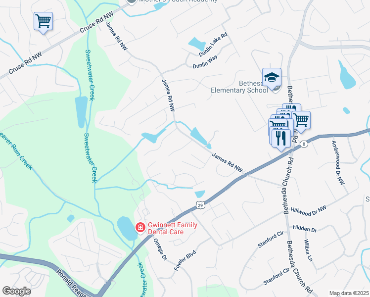 map of restaurants, bars, coffee shops, grocery stores, and more near 3036 Zodiac Court in Gwinnett County