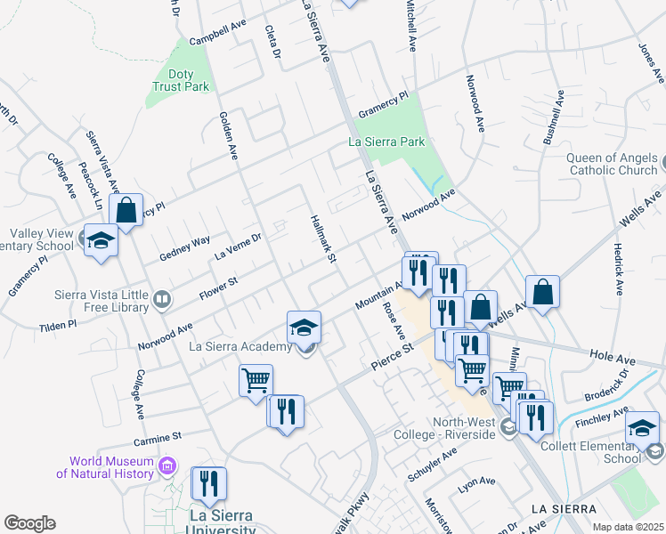 map of restaurants, bars, coffee shops, grocery stores, and more near 11223 Rogers Street in Riverside