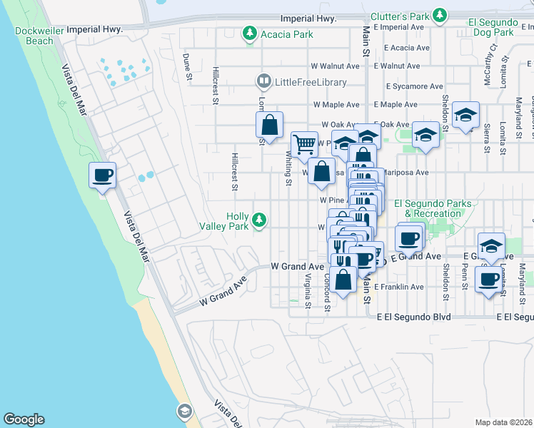 map of restaurants, bars, coffee shops, grocery stores, and more near 423 Loma Vista Street in El Segundo