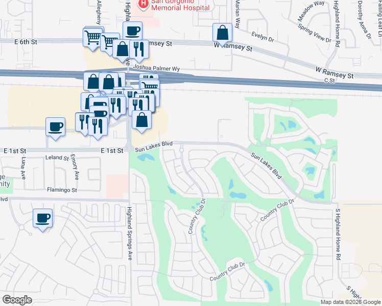 map of restaurants, bars, coffee shops, grocery stores, and more near 5982 Oakmont Drive in Banning