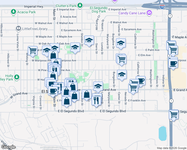 map of restaurants, bars, coffee shops, grocery stores, and more near 615 East Holly Avenue in El Segundo